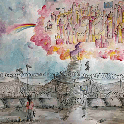 Ein Kind steht vor einem Stacheldrahtzaun und blickt auf eine bunte, schwebende Stadt mit Regenbogen im Hintergrund.