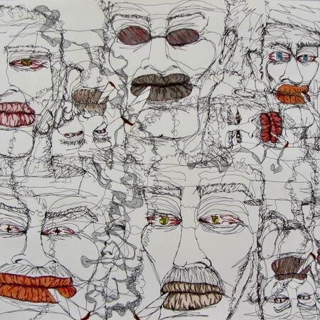 Künstlerische Zeichnung zeigt komplexe Gesichter mit bunten Lippen und hypnotischen Augen, die ineinander verschlungen sind.