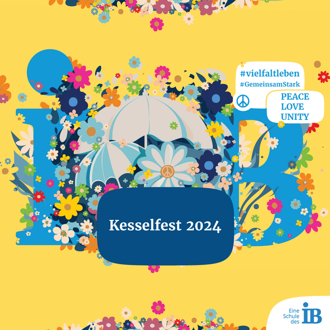 Bunte Blumen und Schirme umrahmen "Kesselfest 2024" auf gelbem Hintergrund, mit Botschaften von Frieden und Vielfalt.