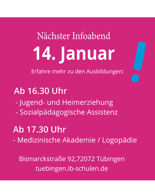 Einladung zum Infoabend am 14. Januar in Tübingen zu verschiedenen Ausbildungsprogrammen in Jugendhilfe und Logopädie.