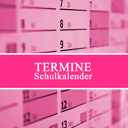 Ein rosa Schulkalender zeigt Wochentage und Termine, mit dem Schwerpunkt auf "Termine Schulkalender" im Zentrum.