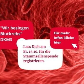 Rote Blutzellen strömen durch eine Arterie, begleitet von Texten, die zur Registrierung für eine Stammzellspende aufrufen.