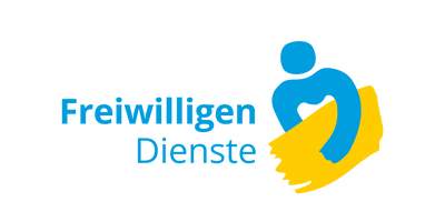 Das Logo zeigt eine blaue Figur, die ein gelbes Band hält, daneben steht "Freiwilligen Dienste".