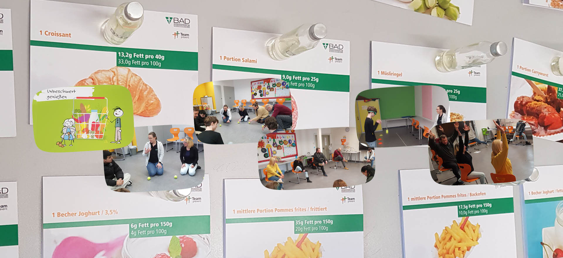 Verschiedene Gesundheitsinformationen und Aktivitäten werden auf einer Wand mit Postern und Fotos vom Gesundheitstag 2023 gezeigt.