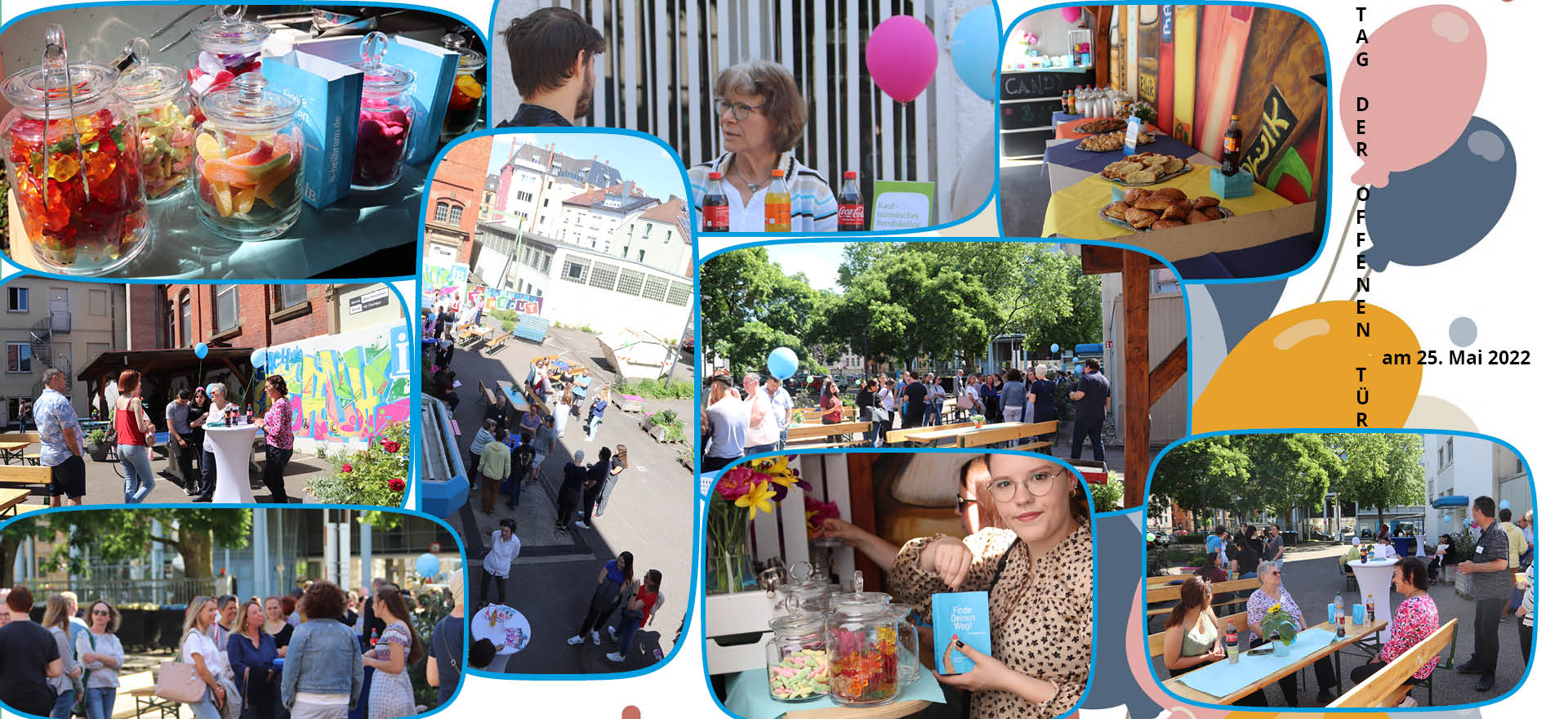 Eine Collage zeigt einen lebhaften Tag der offenen Tür im Mai 2022 mit Gesprächen, Snacks und fröhlichen Besuchern im Freien.