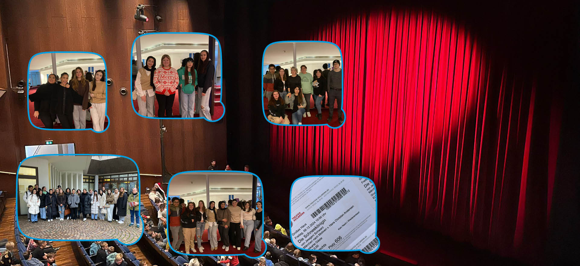 Eine Gruppe von Menschen besucht ein Theater, mit roten Vorhängen im Hintergrund und mehreren Gruppenfotos im Vordergrund.