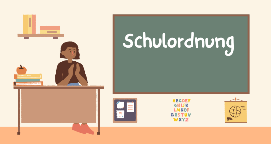 Eine Lehrerin sitzt am Schreibtisch vor einer Tafel mit dem Wort "Schulordnung", umgeben von Büchern und Lernmaterialien.